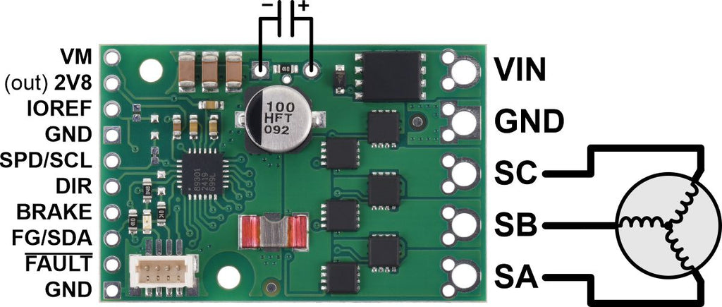 A89301-Based Sensorless Brushless Motor Controller, 50V, 11A (Soldered Connectors)