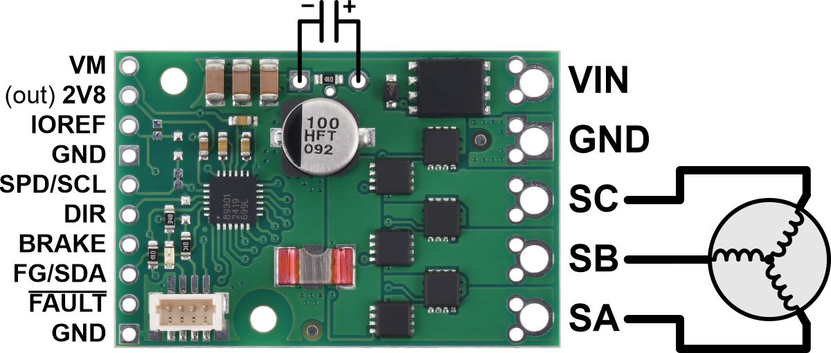 A89301-Based Sensorless Brushless Motor Controller, 50V, 11A (Soldered Connectors)