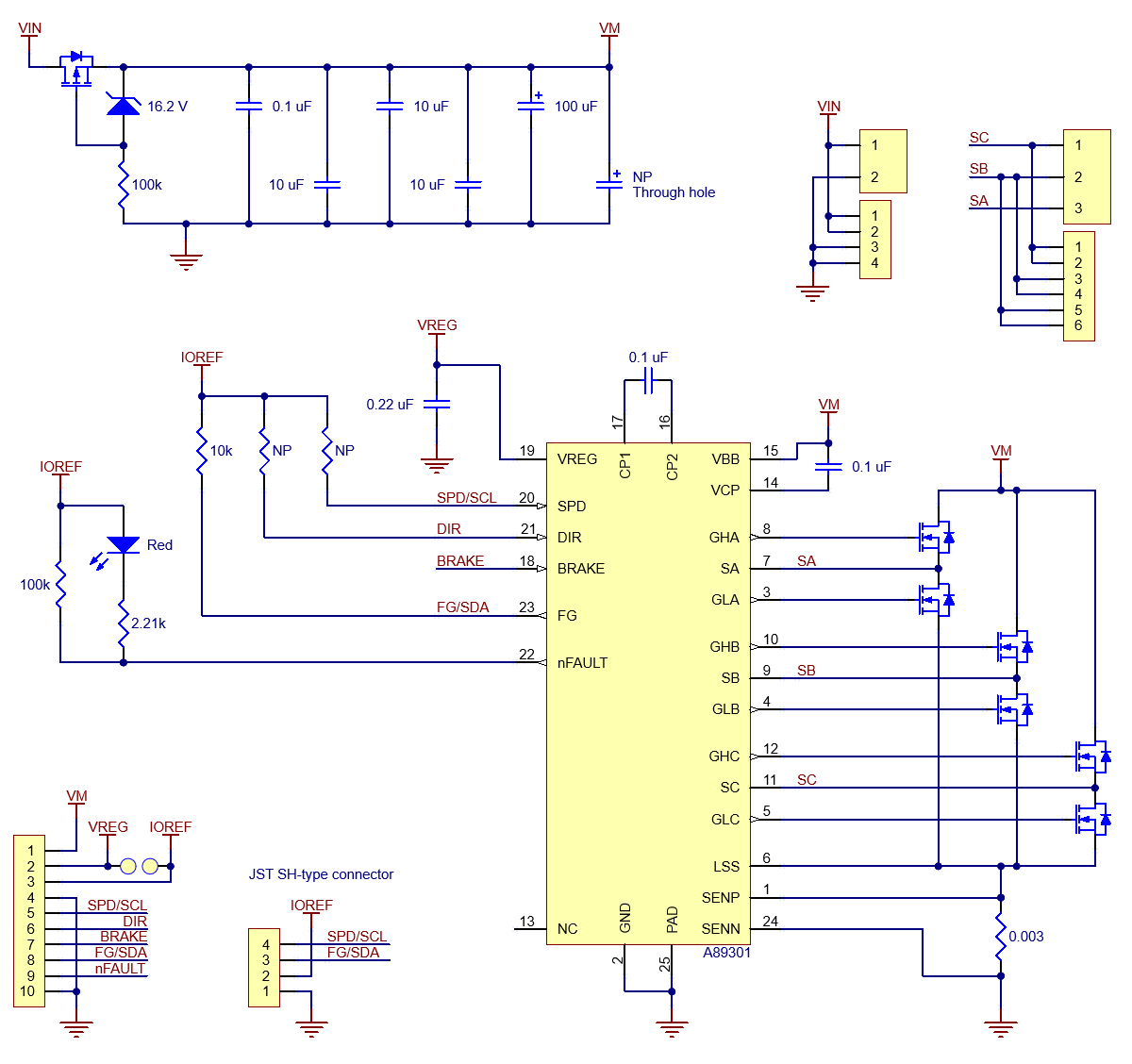 A89301-Based Sensorless Brushless Motor Controller, 50V, 11A (Soldered Connectors)