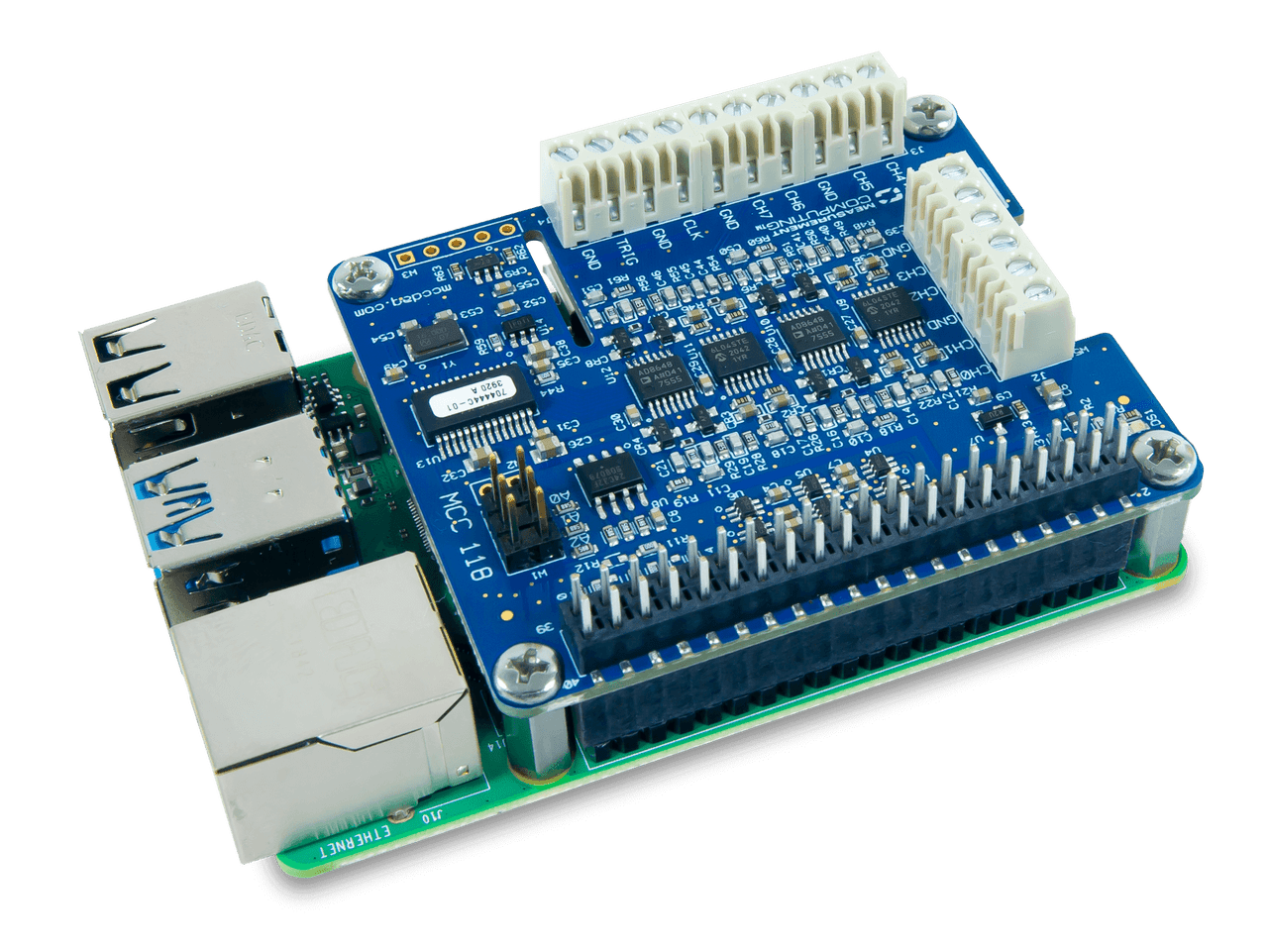 MCC 118: Voltage Measurement DAQ HAT for Raspberry Pi® 12-bit, 100 kS/s, 8 SE Analog Inputs