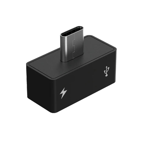 A black Y-adapter with a USB-C connector on one side and a USB port on the other, designed for supplying power to OAK cameras.