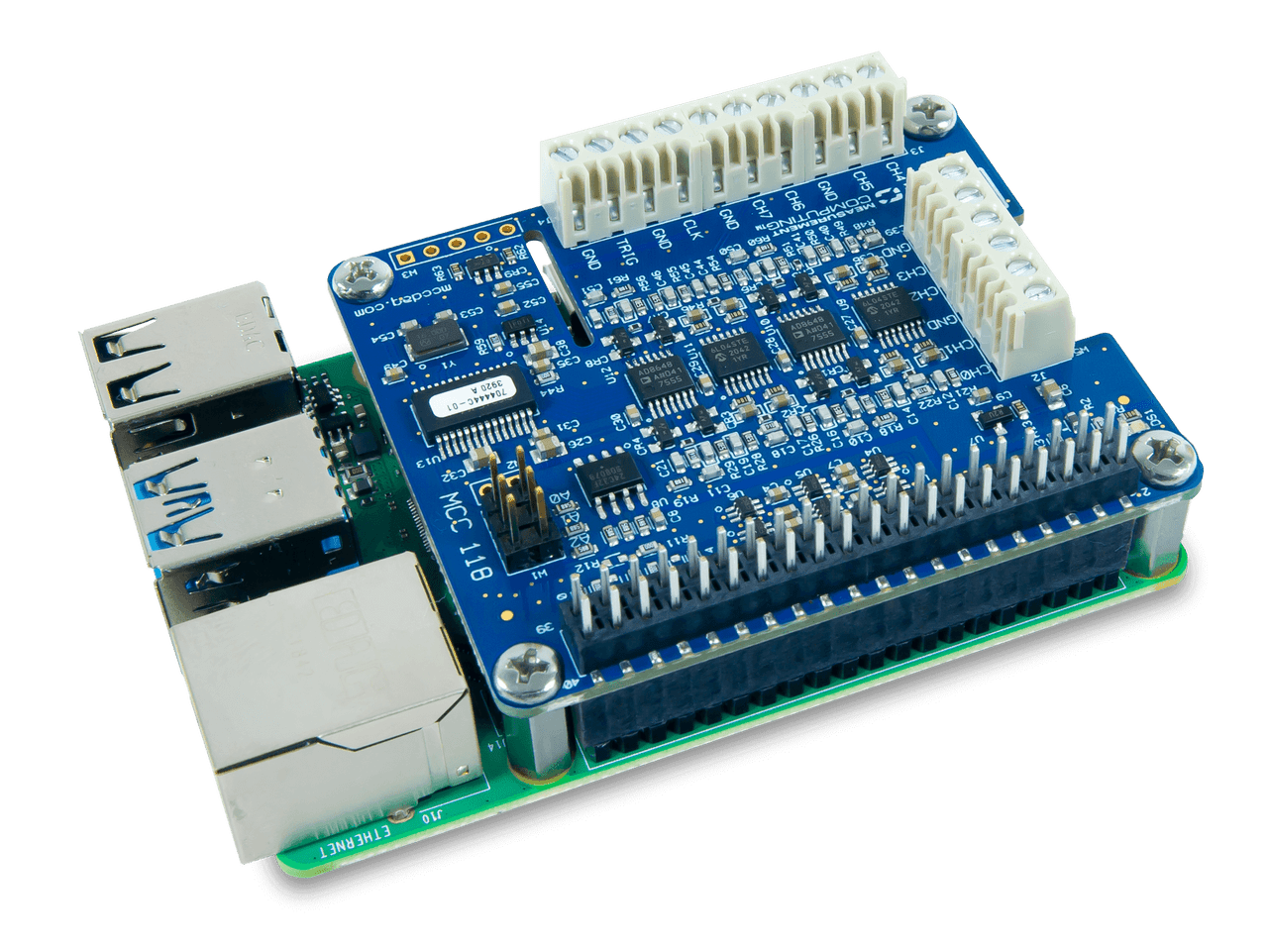 MCC 118 DAQ HAT mounted on a Raspberry Pi