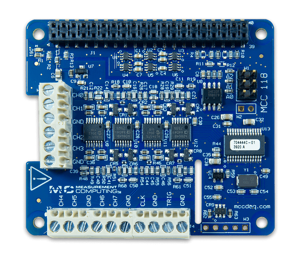 MCC 118: Voltage Measurement DAQ HAT for Raspberry Pi® 12-bit, 100 kS/s, 8 SE Analog Inputs