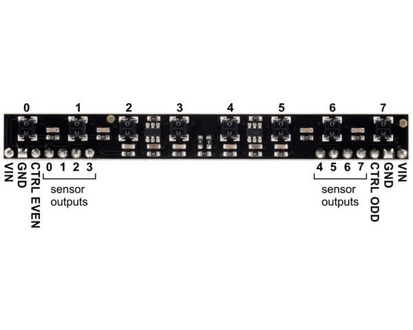 8-Channel QTRX Sensor Array for Romi/TI-RSLK MAX (Through-Hole Pins Soldered)