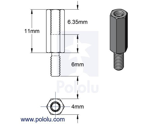 Aluminum Standoff for Raspberry Pi: 11mm Length, 6mm M2.5 Thread, M-F (4-Pack)