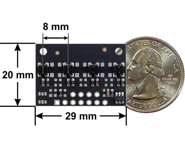 QTRX-MD-04A Reflectance Sensor Array: 4-Channel, 8mm Pitch, Analog Output, Low Current