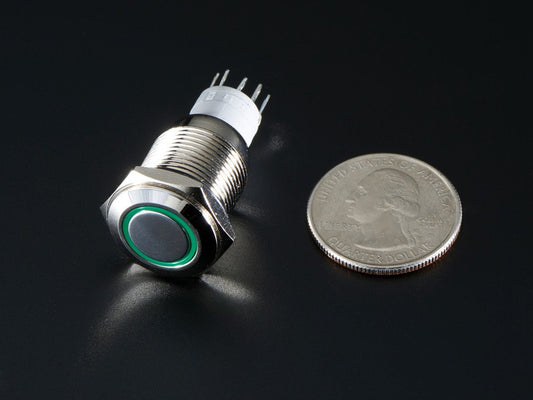 Rugged Metal On/Off Switch with Green LED Ring - 16mm Green On/Off