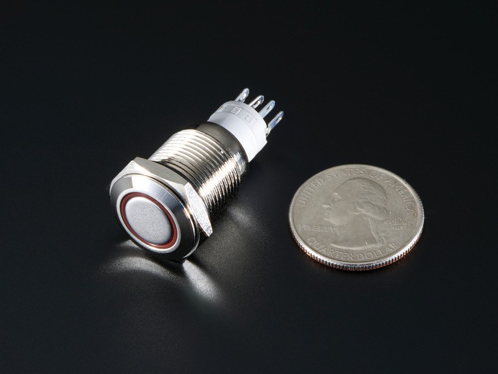 Rugged Metal Pushbutton with Red LED Ring - 16mm Red Momentary