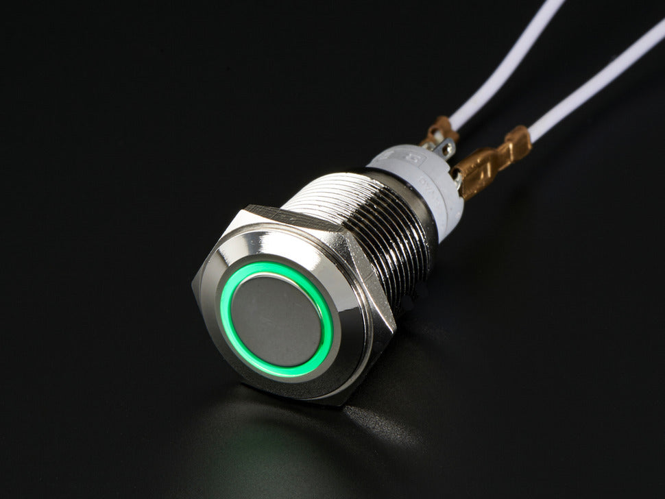 Rugged Metal Pushbutton with Green LED Ring - 16mm Green Momentary