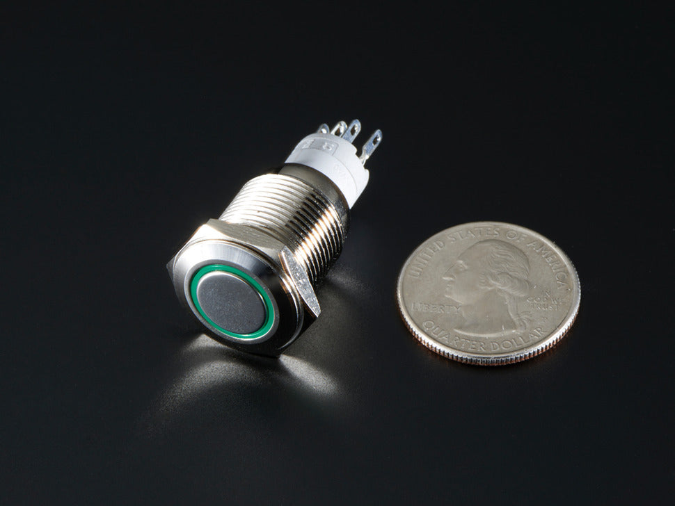 Rugged Metal Pushbutton with Green LED Ring - 16mm Green Momentary